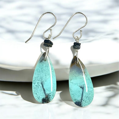 Earrings with blue petrified Opalized wood