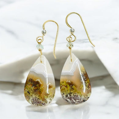 Earrings with green tear drop moss agate