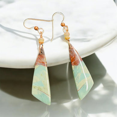 Earrings with light blue and brown opalized wood