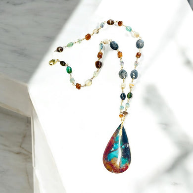 Necklace with deep green and woody colors in the petrified opalized wood