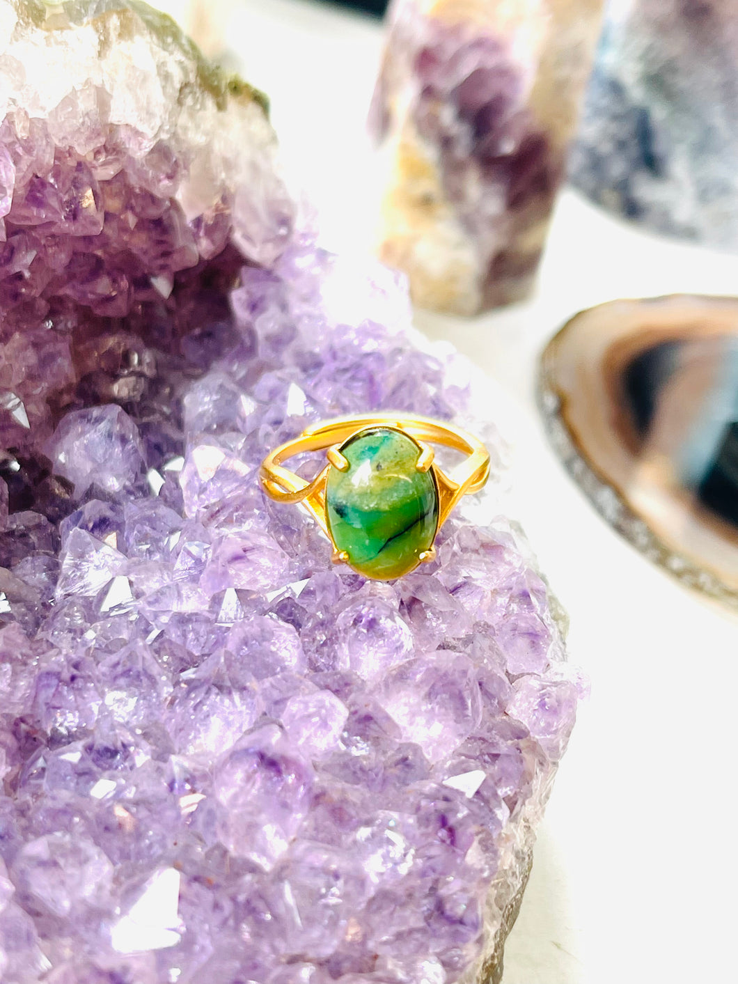 Ring with green shades in opalized  petrified wood