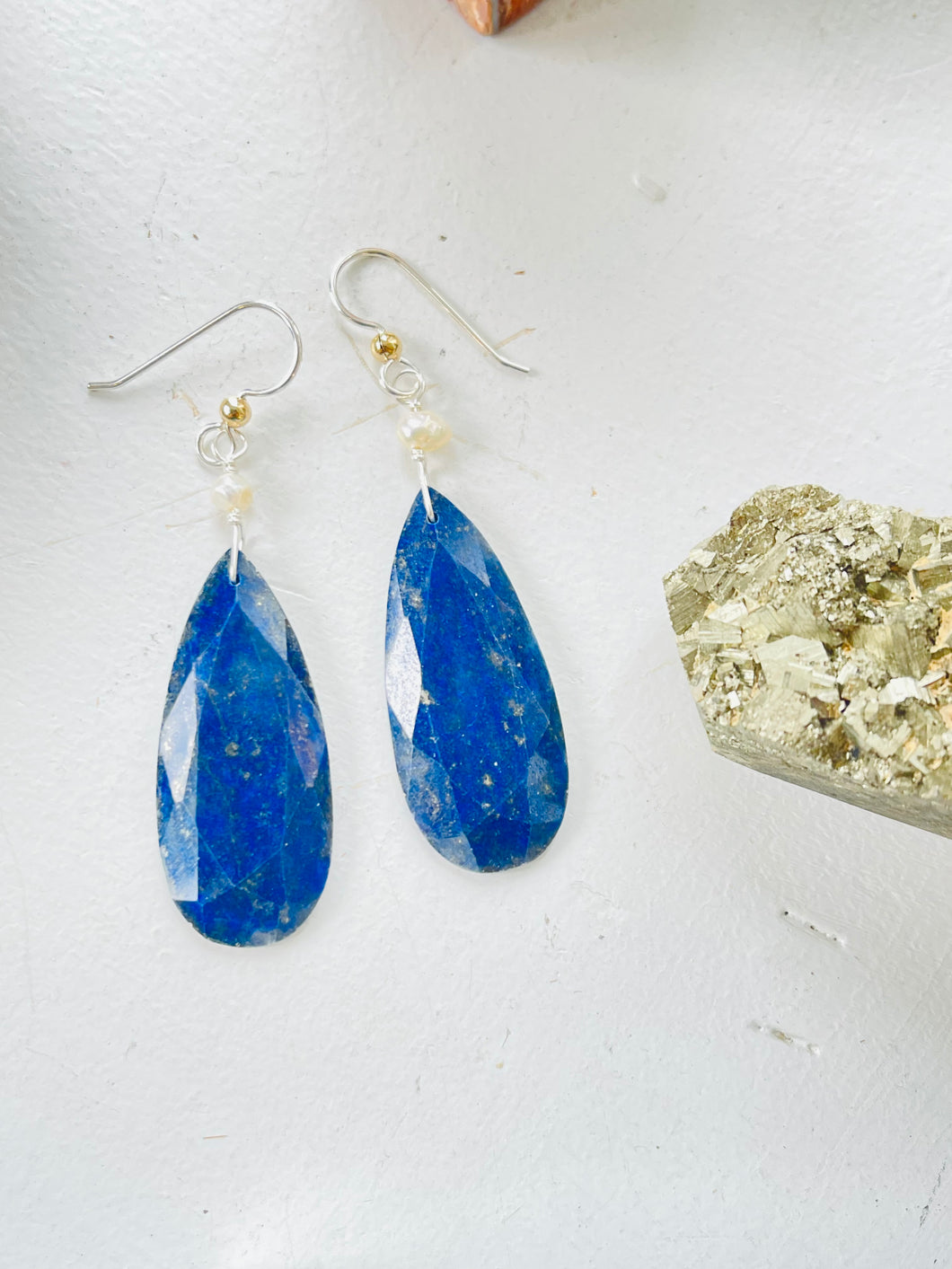 Earrings with long lapis and MOP beads