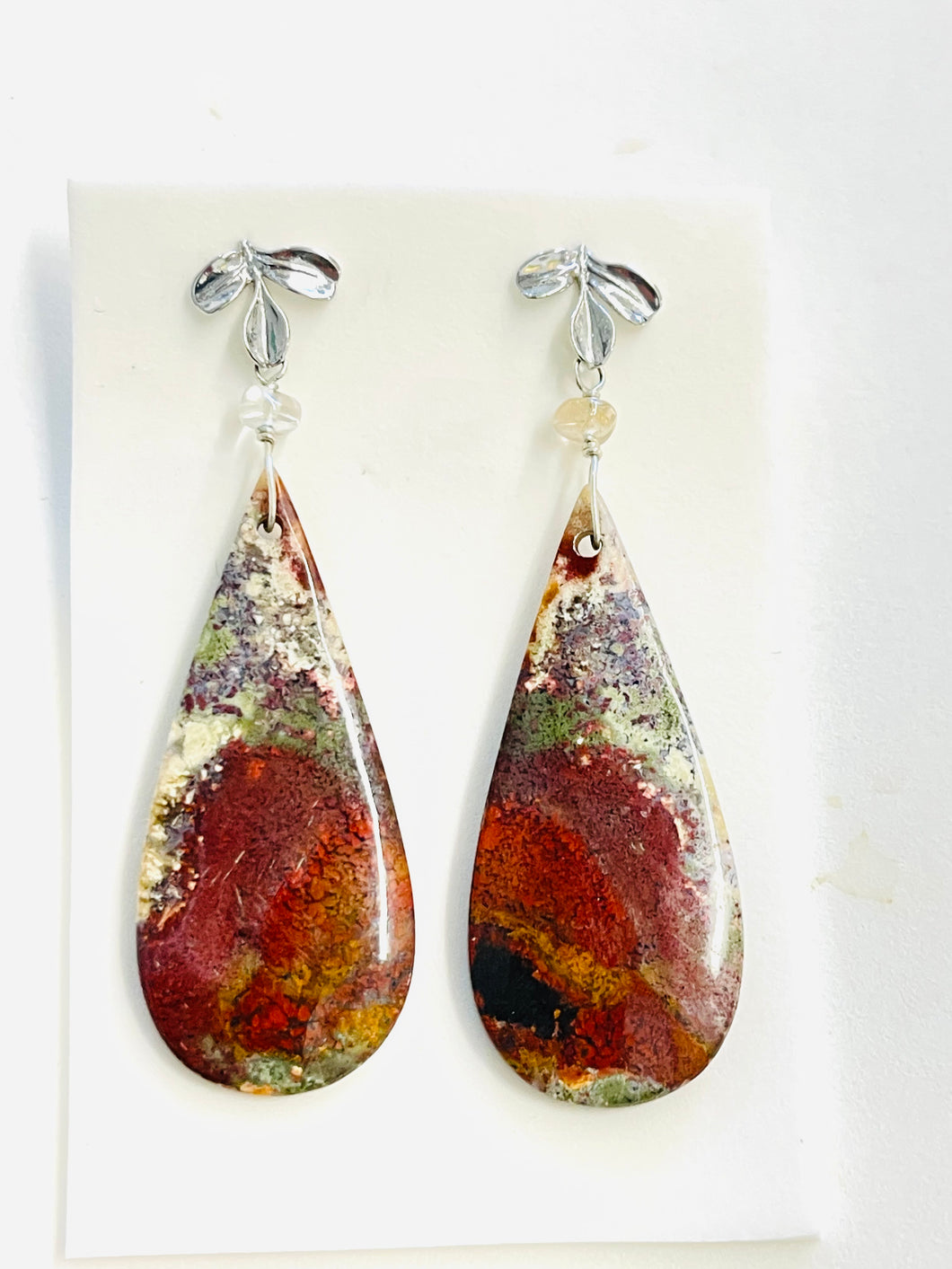 Earrings with big red moss agate oval