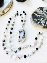 Necklace with dentritic Opals and other black or white color natural gem stone beads