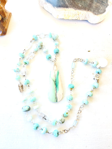 Necklace with opal wood, blue opal, Larimar and herkimer diamonds