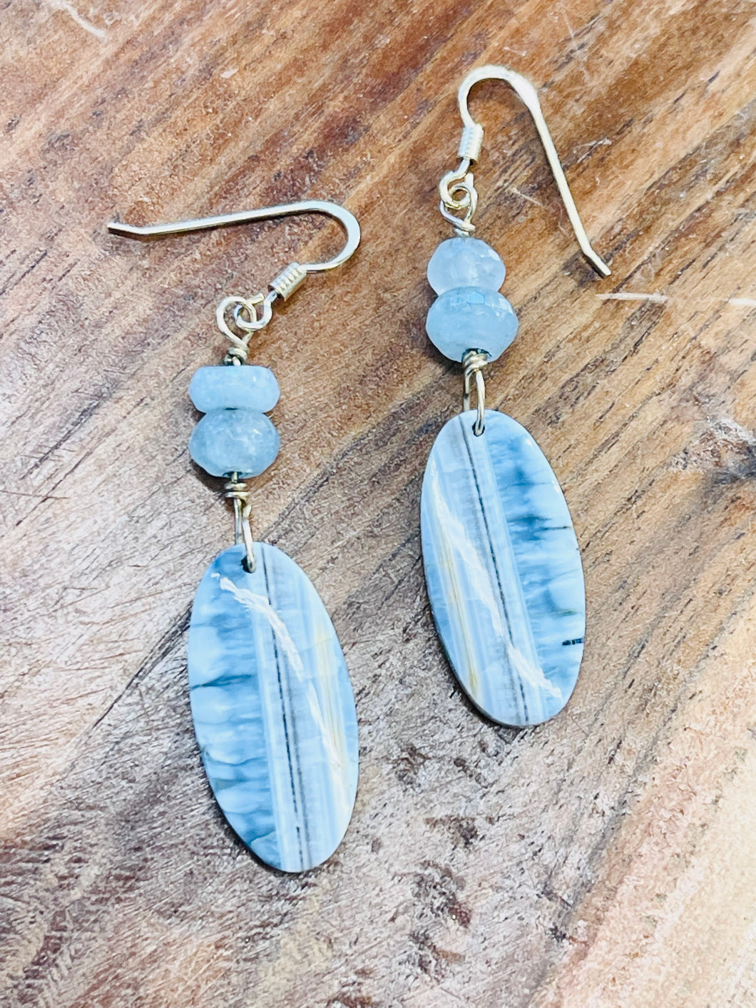 Earrings of blue opal and aquamarine beads in sterling silver