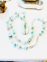 Necklace with opal wood, blue opal, Larimar and herkimer diamonds
