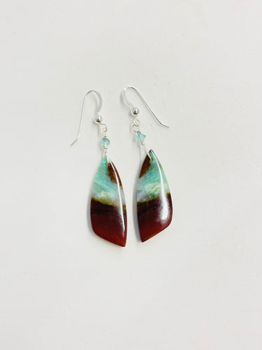 Earrings with green brown opalized wood