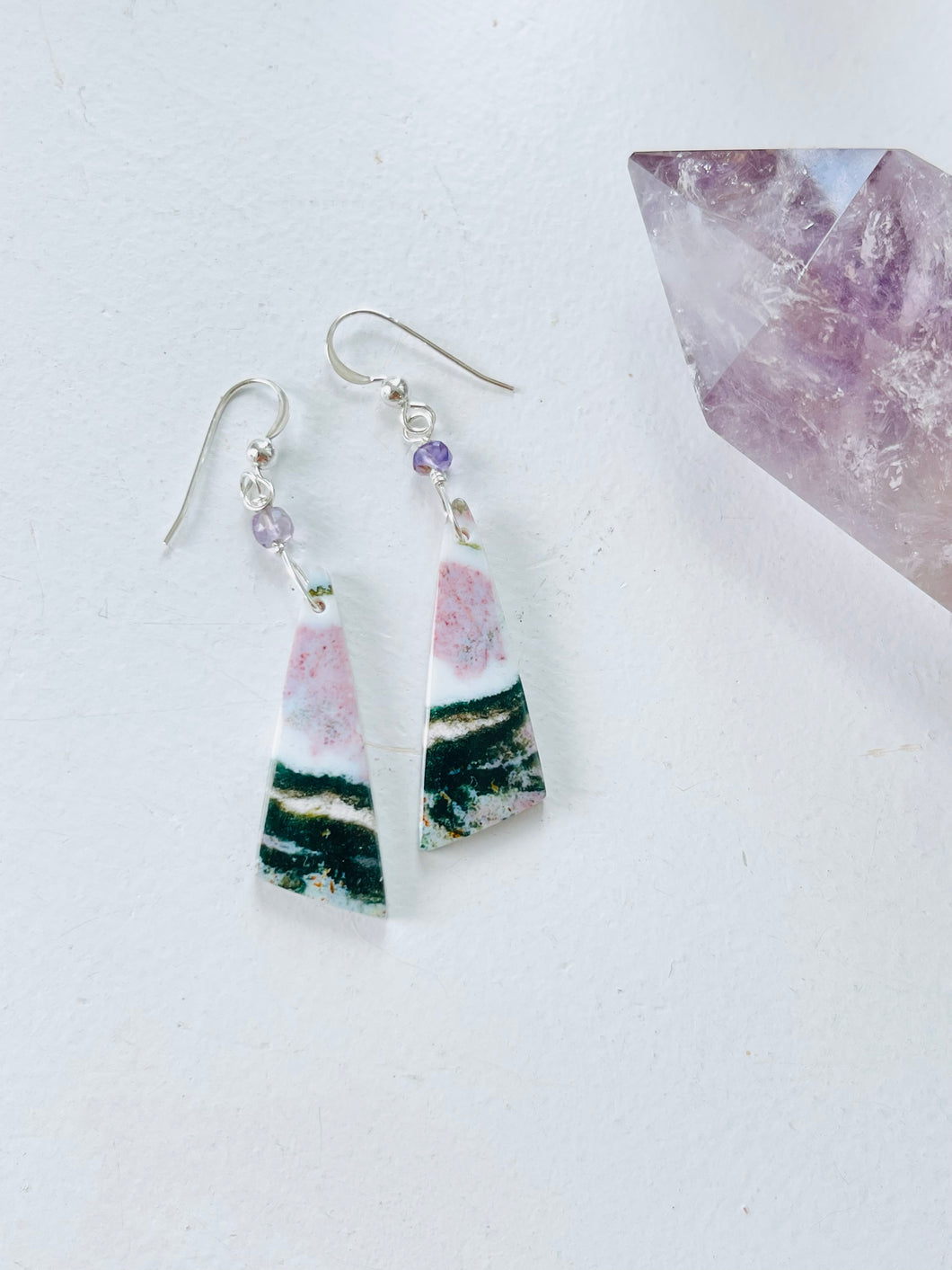 Earrings with light green and pink ocean jasper