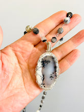 Necklace with dentritic Opals and other black or white color natural gem stone beads