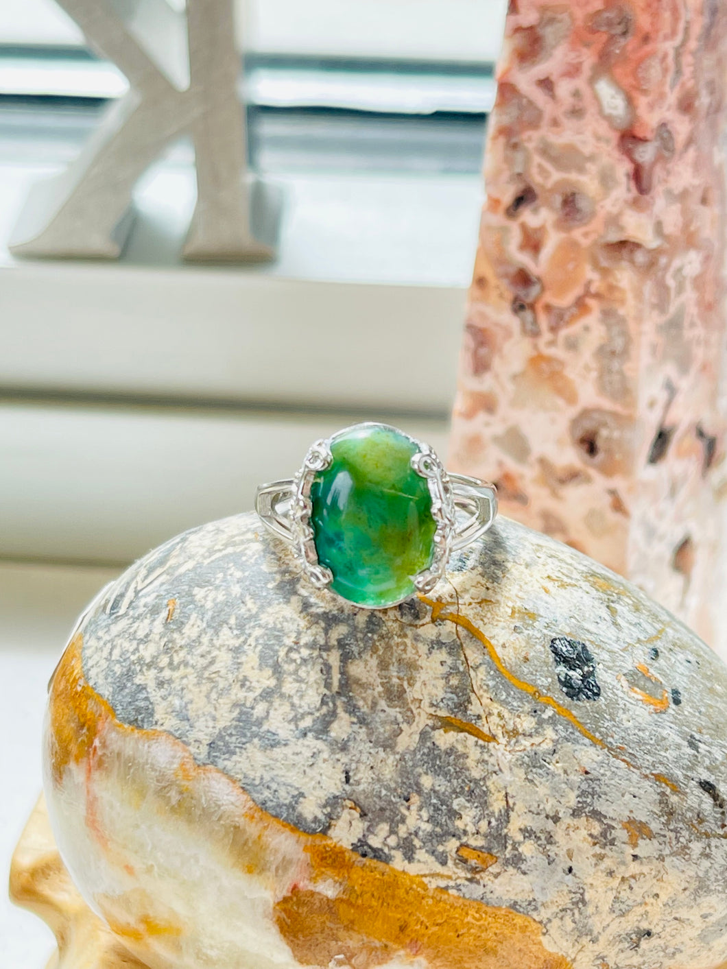 Ring with Opalized petrified wood green