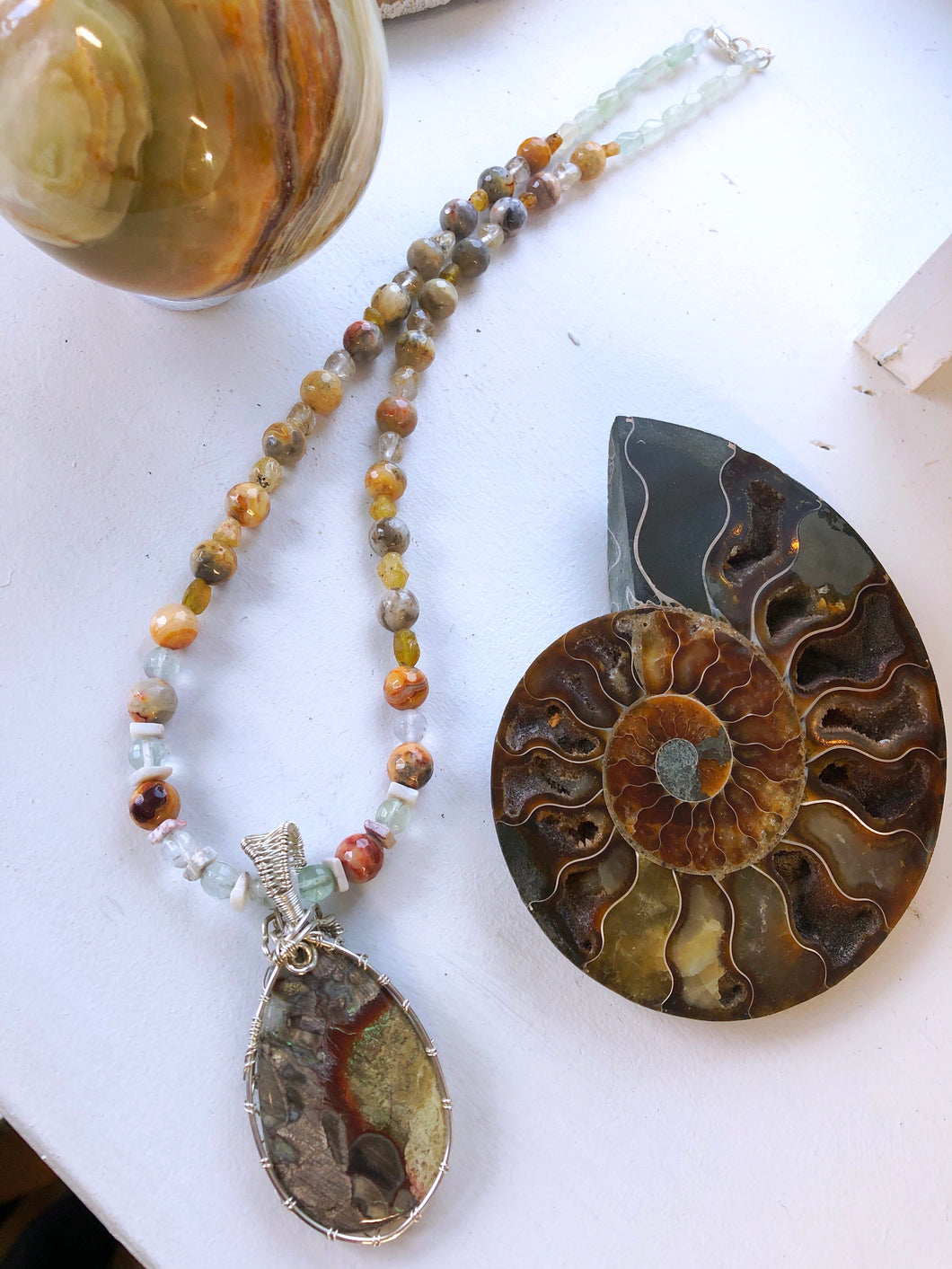 Necklace with mushroom jasper, picture jasper, Rutilated quartz, fluorite beads and jade.