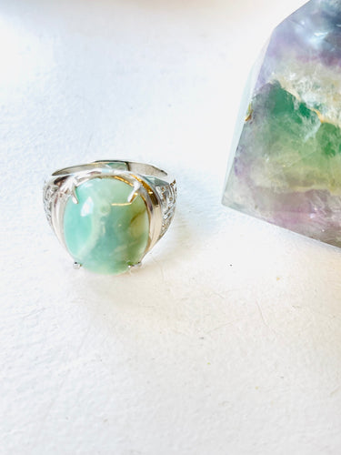 Ring with grey green opal wood