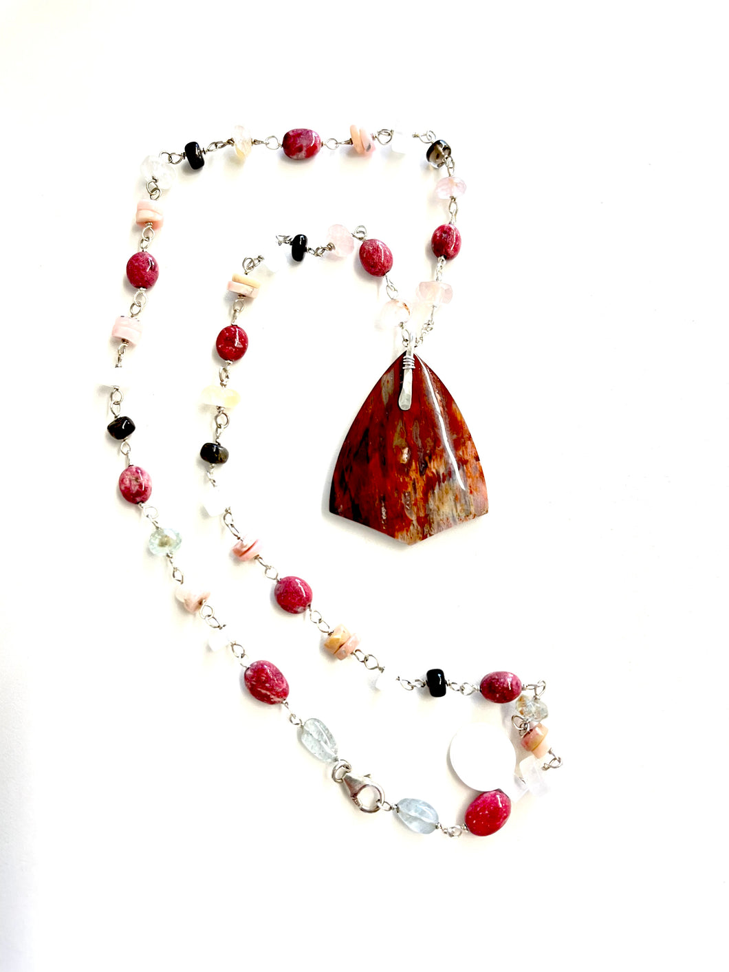 Necklace with Pink fossil and various gem stones